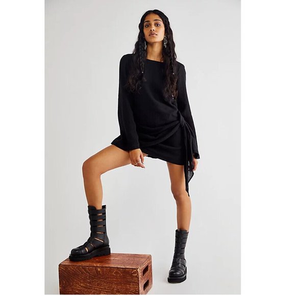 NWT Free People Simona Black Long Sleeve Mini Dress Lace Up Buttoned Low Cut - Picture 7 of 7